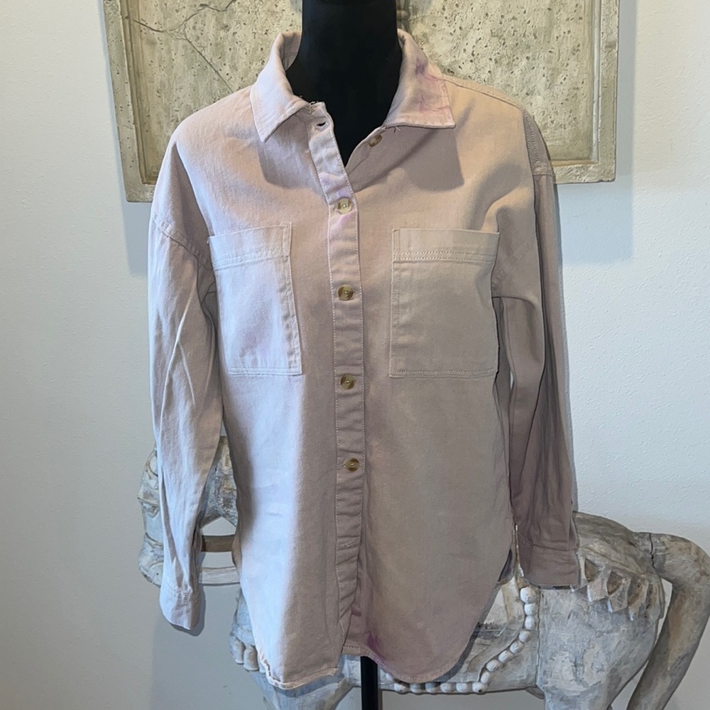 Thread + Supply Sz S 100 % cotton button up ink stained / dye shirt top